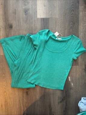 Z Supply Green Ribbed Flare Pants + Scoop Top Set